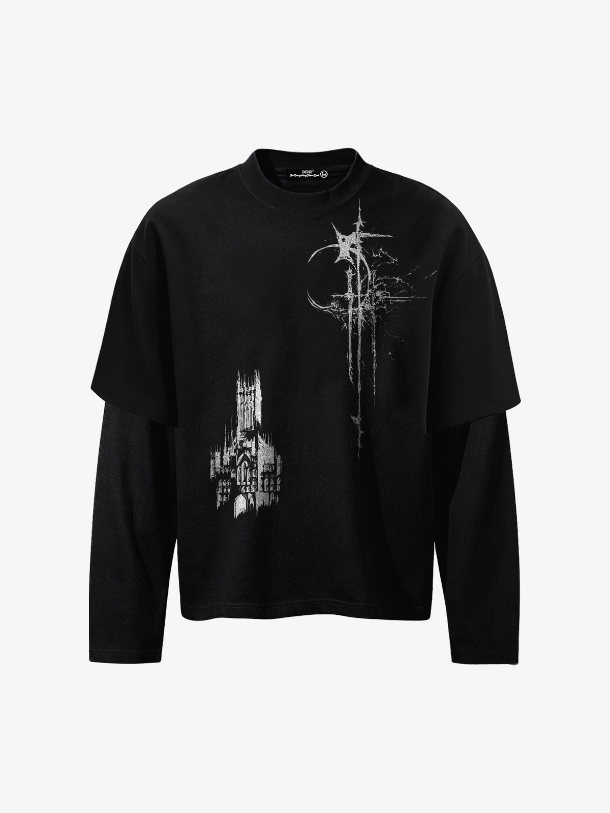 DEHZ | Gothic Cross Layered Sleeve Sweatshirt in Black - front view