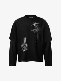 DEHZ | Gothic Cross Layered Sleeve Sweatshirt in Black - front view