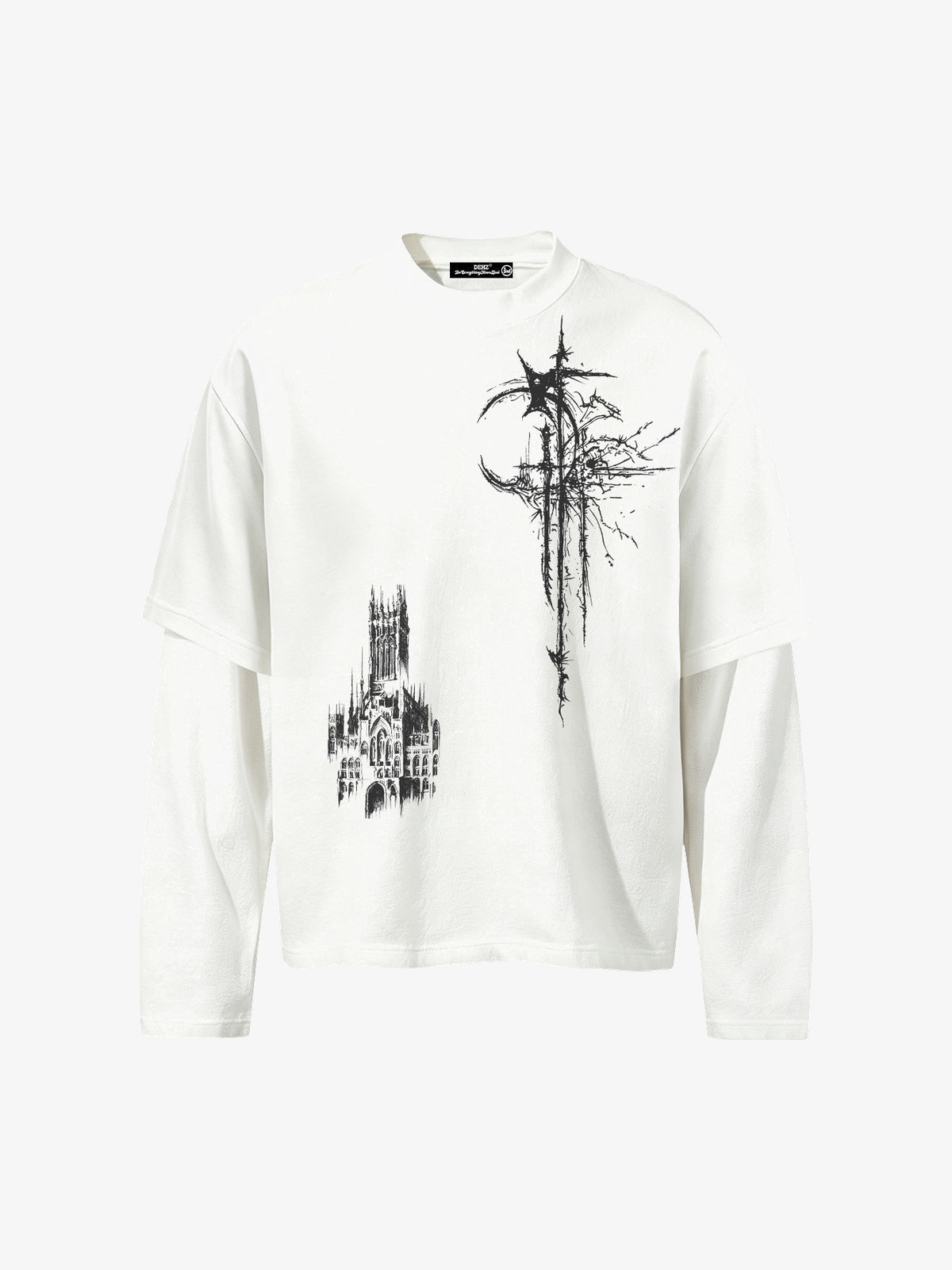 DEHZ | Gothic Cross Layered Sleeve Sweatshirt in White - front view