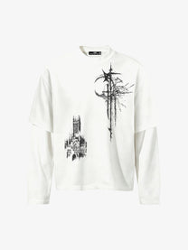 DEHZ | Gothic Cross Layered Sleeve Sweatshirt in White - front view