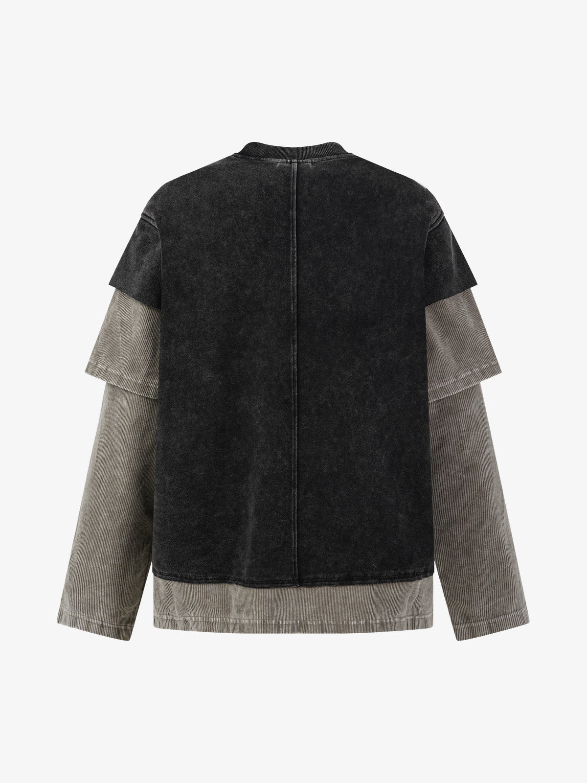 EXTREME CAUSE | Distressed Layered Sleeve Sweatshirt in Black - back view