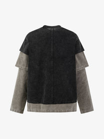 EXTREME CAUSE | Distressed Layered Sleeve Sweatshirt in Black - back view
