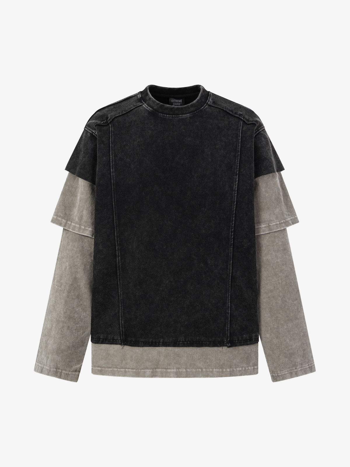 EXTREME CAUSE | Distressed Layered Sleeve Sweatshirt in Black - front view