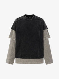EXTREME CAUSE | Distressed Layered Sleeve Sweatshirt in Black - front view