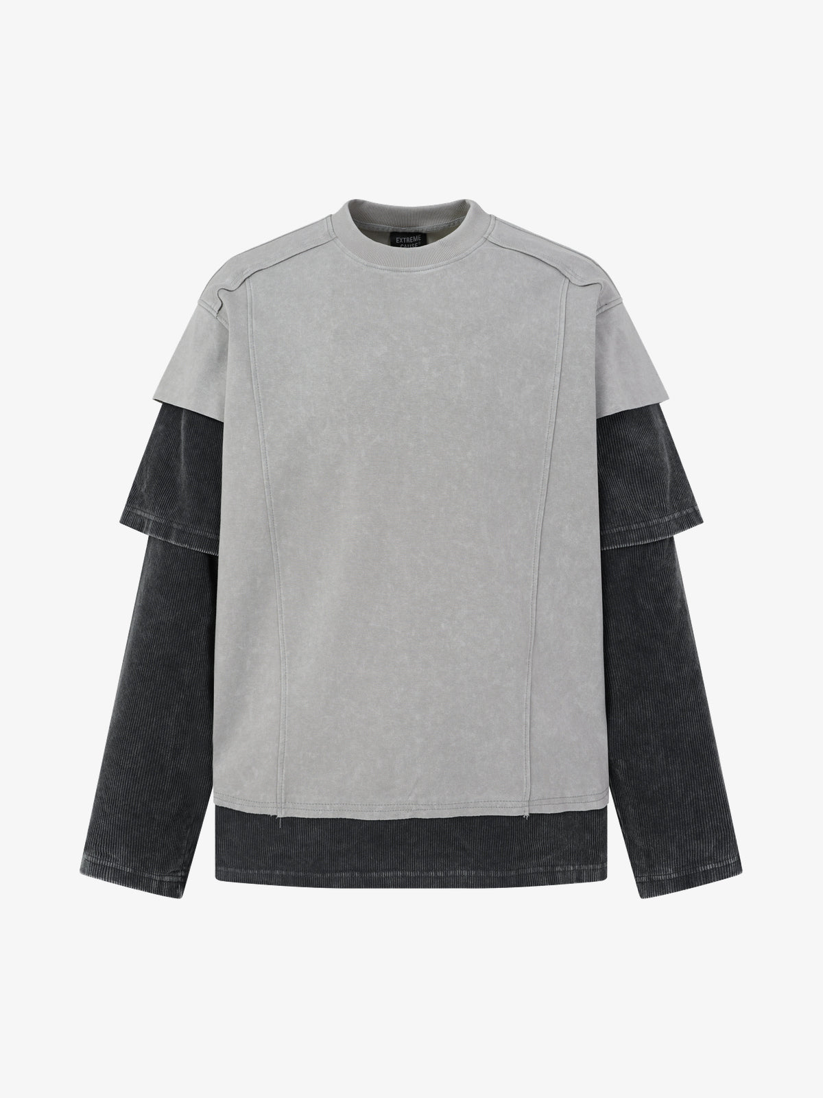 EXTREME CAUSE | Distressed Layered Sleeve Sweatshirt in Gray - front view