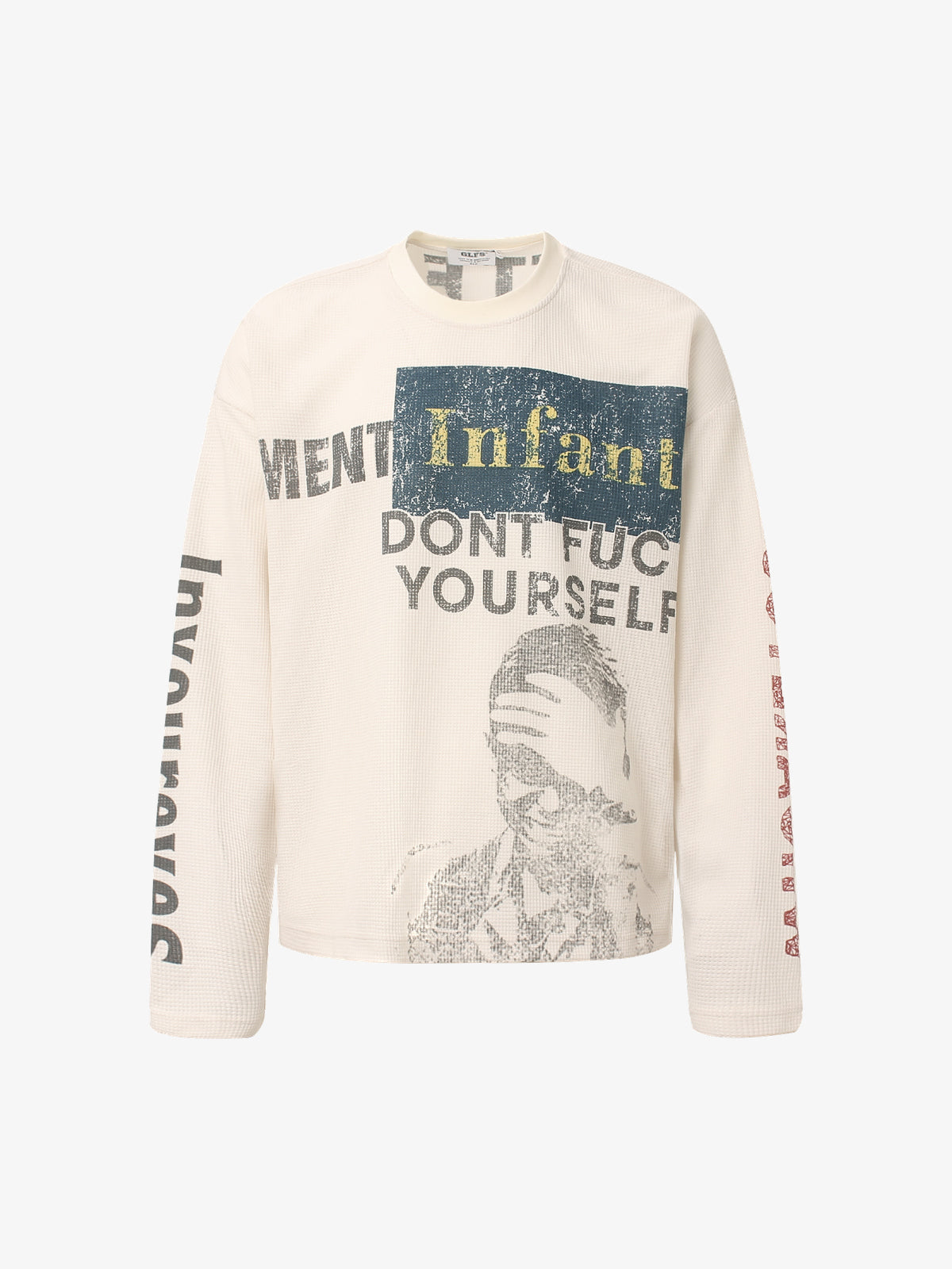 GLFS | Statement Text Collage Waffle Sweatshirt in Beige - front view