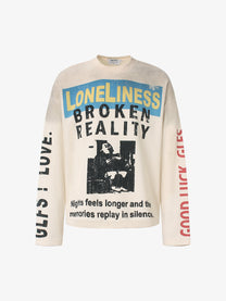 GLFS | Loneliness Text Collage Waffle Sweatshirt in Cream - front view