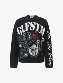 GLFS | Stamp Collage Waffle Sweatshirt in Black - front view