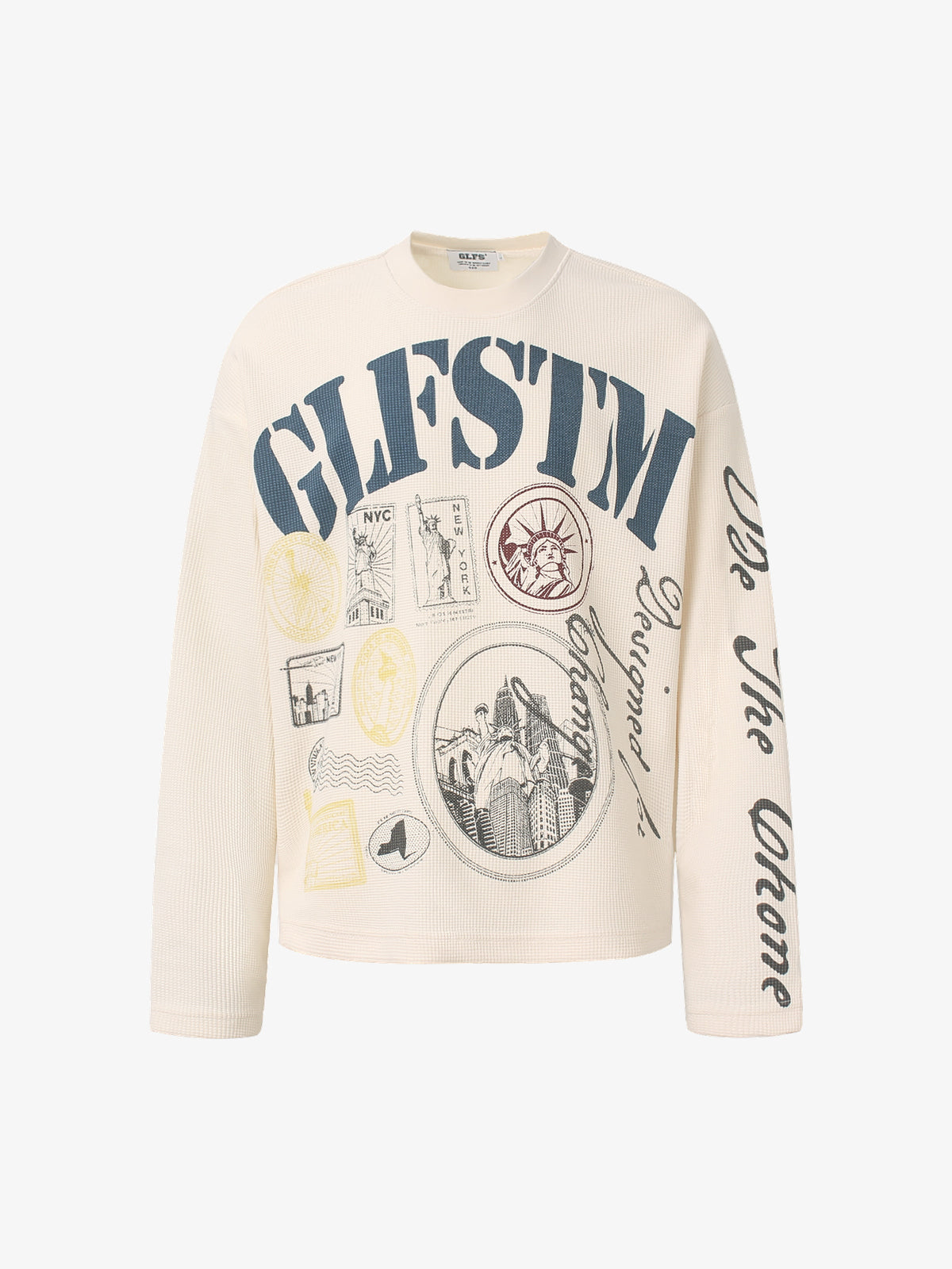 GLFS | Stamp Collage Waffle Sweatshirt in Cream - front view
