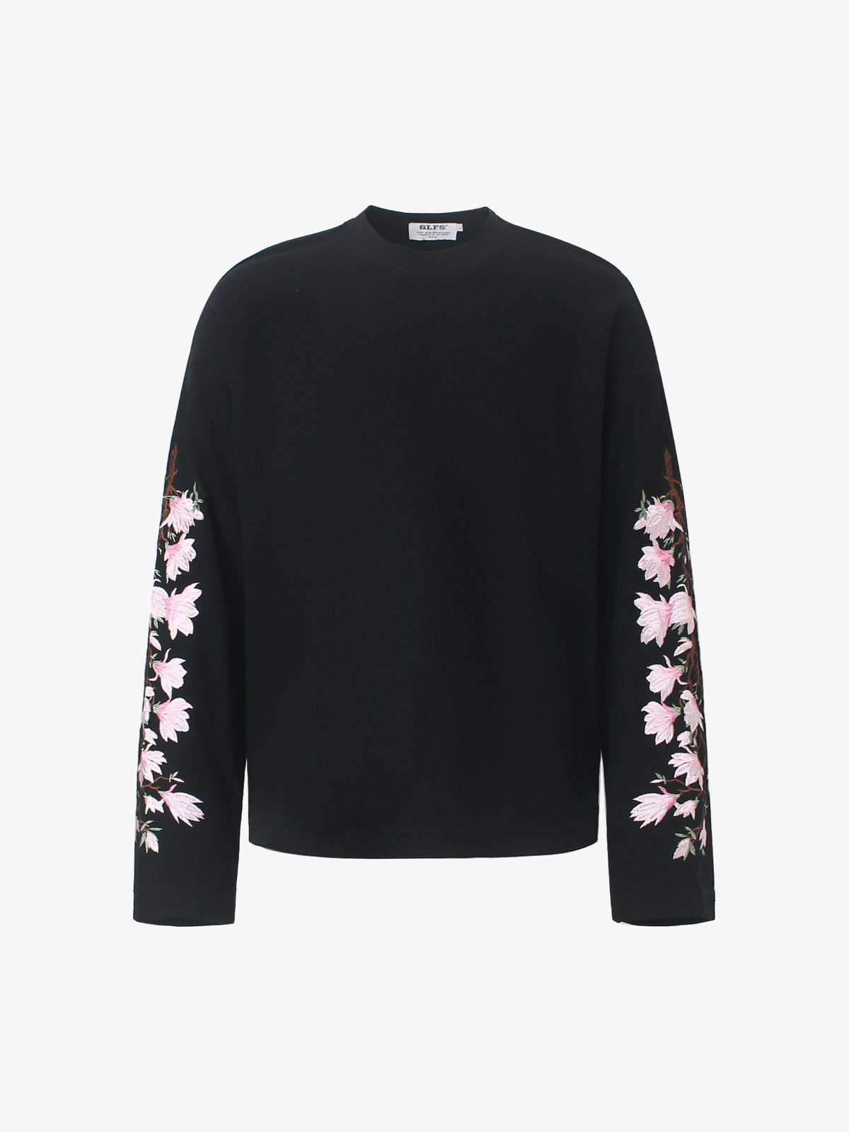 GLFS | Floral Embroidered Sleeve Sweatshirt in Black - front view