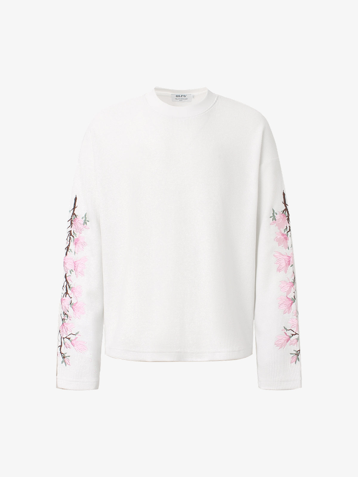 GLFS | Floral Embroidered Sleeve Sweatshirt in White - front view