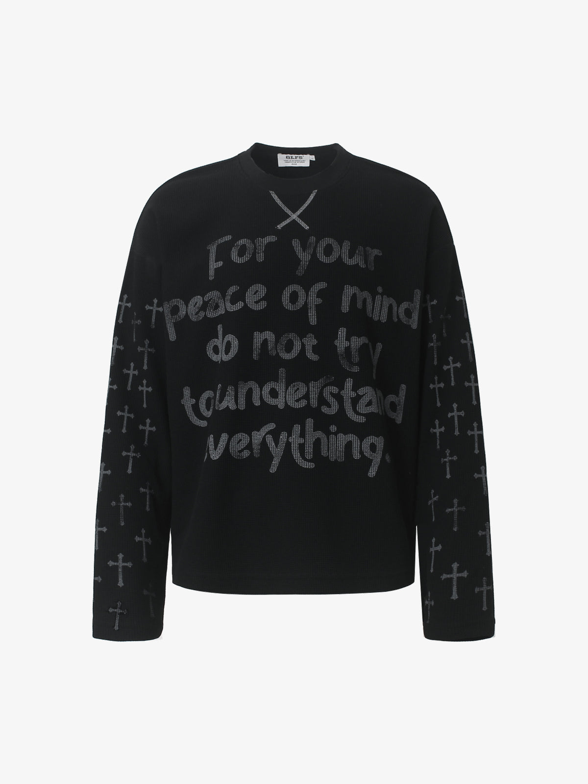 GLFS | Cross Sleeve Slogan Sweatshirt in Black - front view
