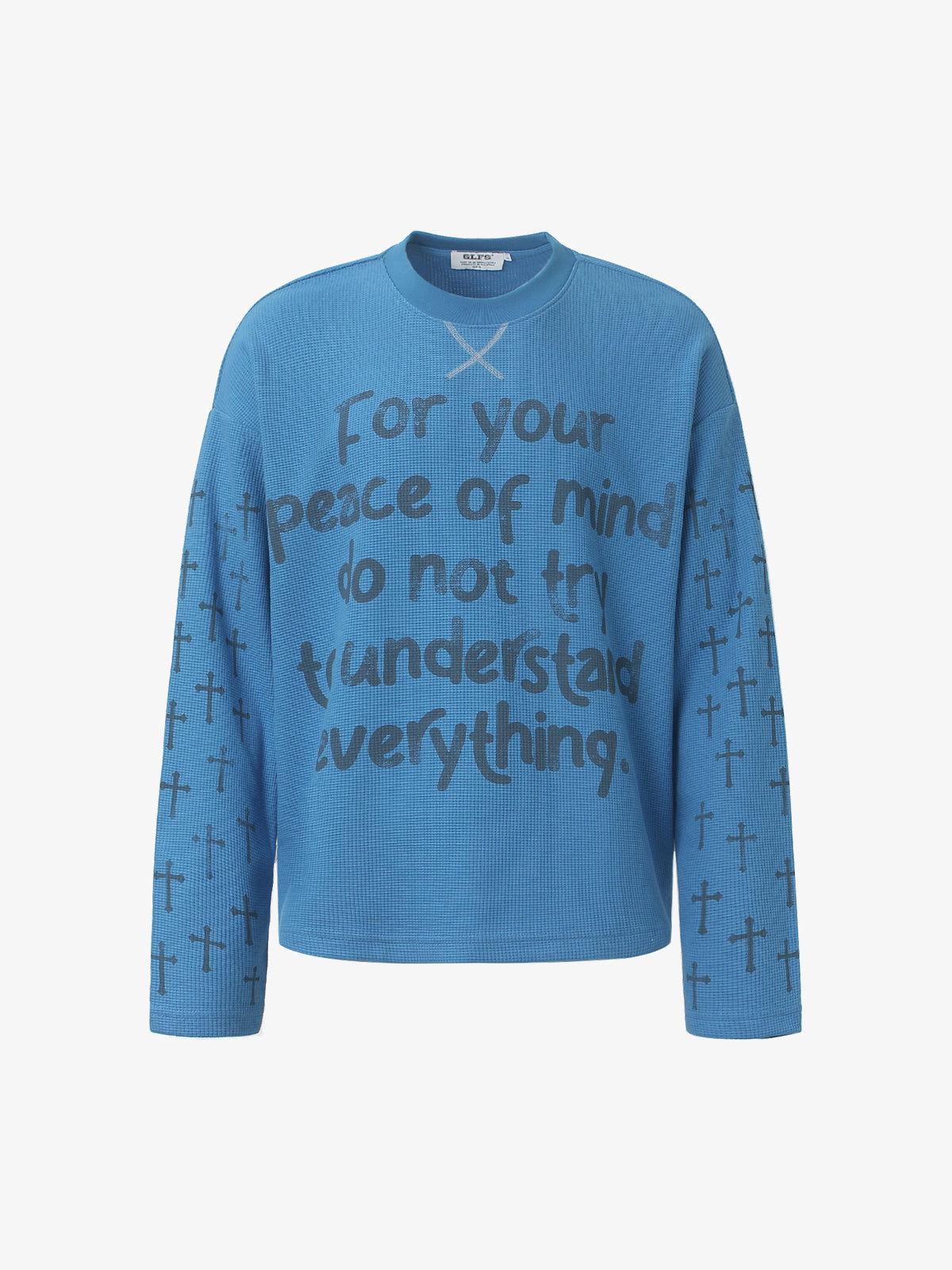 GLFS | Cross Sleeve Slogan Sweatshirt in Blue - front view