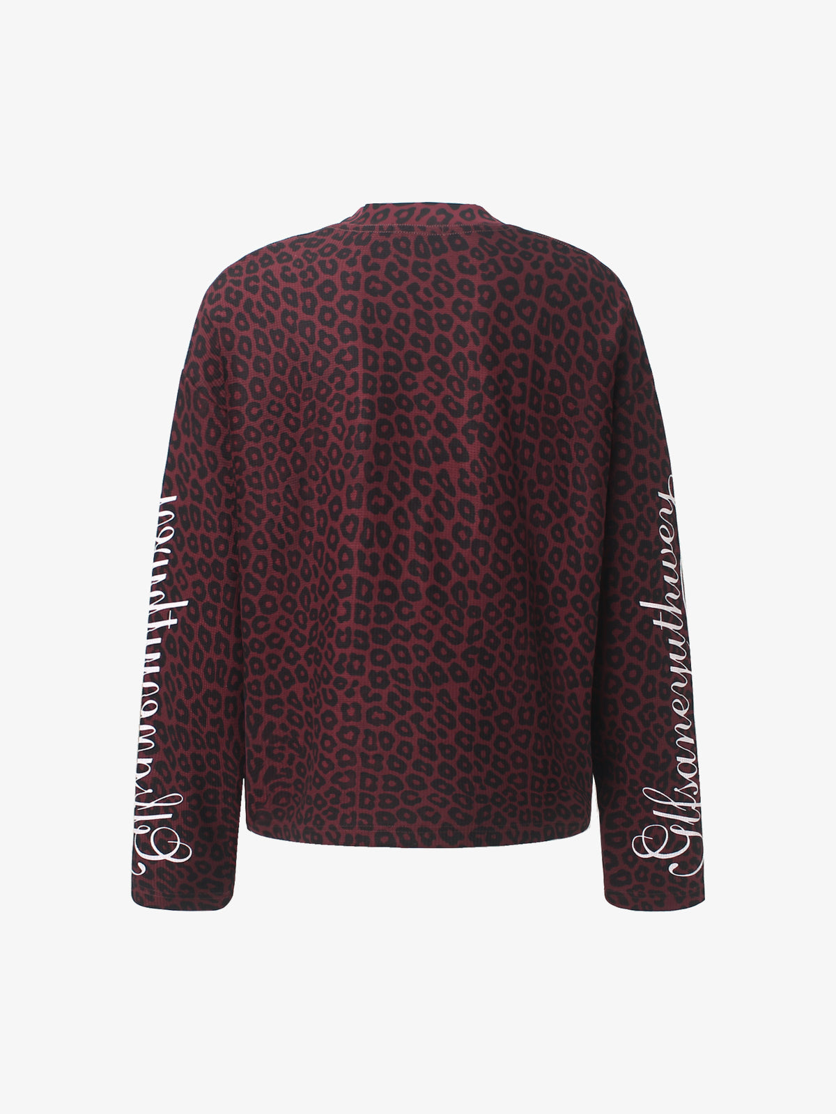 GLFS | Leopard Print Script Sleeve Sweatshirt in Burgundy - back view