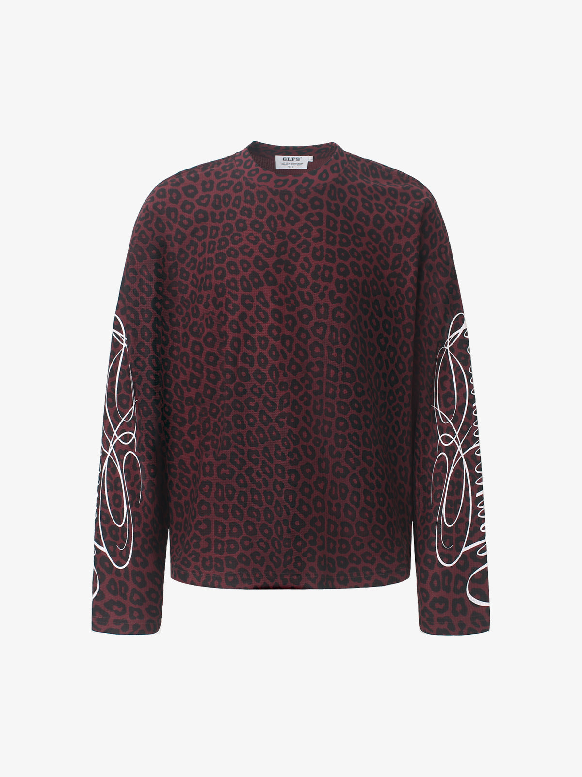GLFS | Leopard Print Script Sleeve Sweatshirt in Burgundy - front view