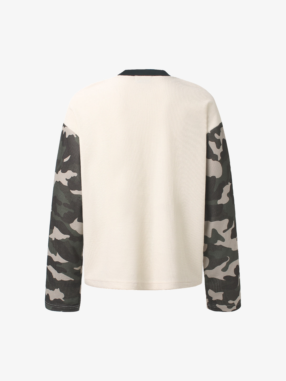 GLFS | Newspaper Collage Camo Sleeve Sweatshirt in Cream-Camo - back view