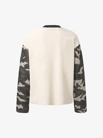 GLFS | Newspaper Collage Camo Sleeve Sweatshirt in Cream-Camo - back view