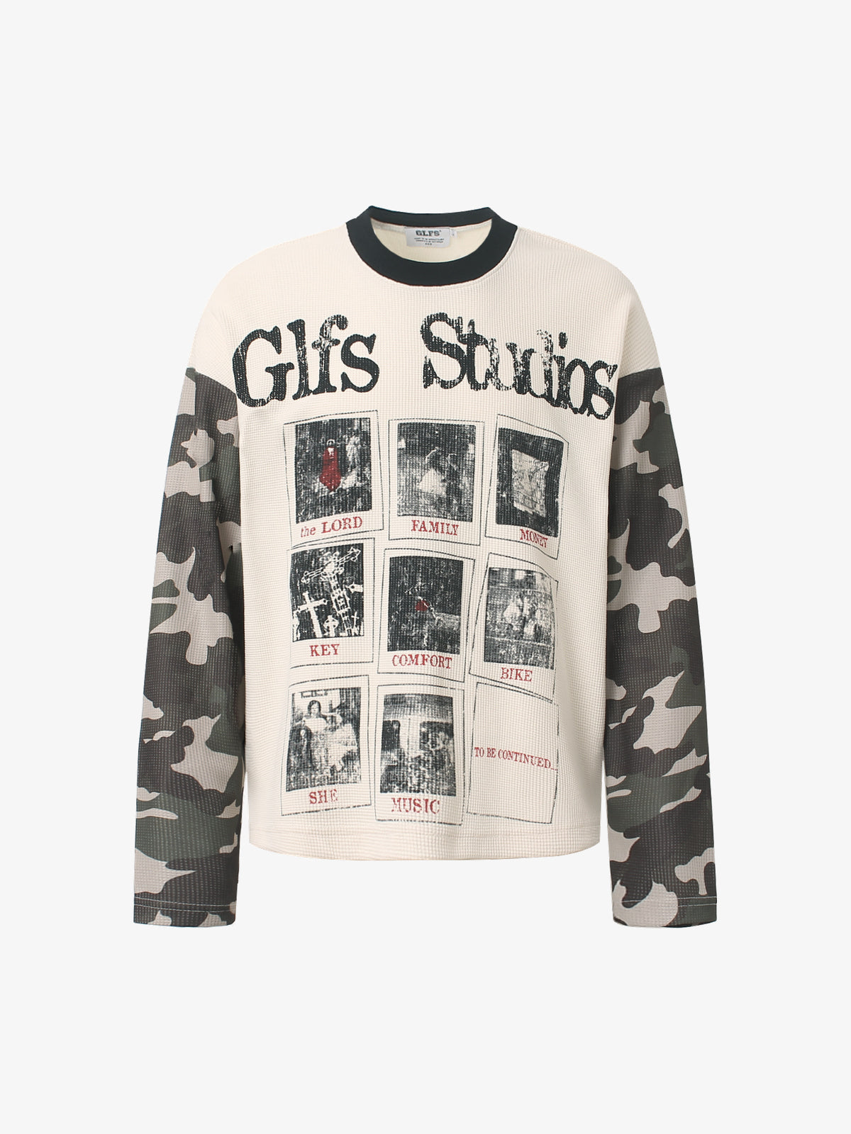 GLFS | Newspaper Collage Camo Sleeve Sweatshirt in Cream-Camo - front view