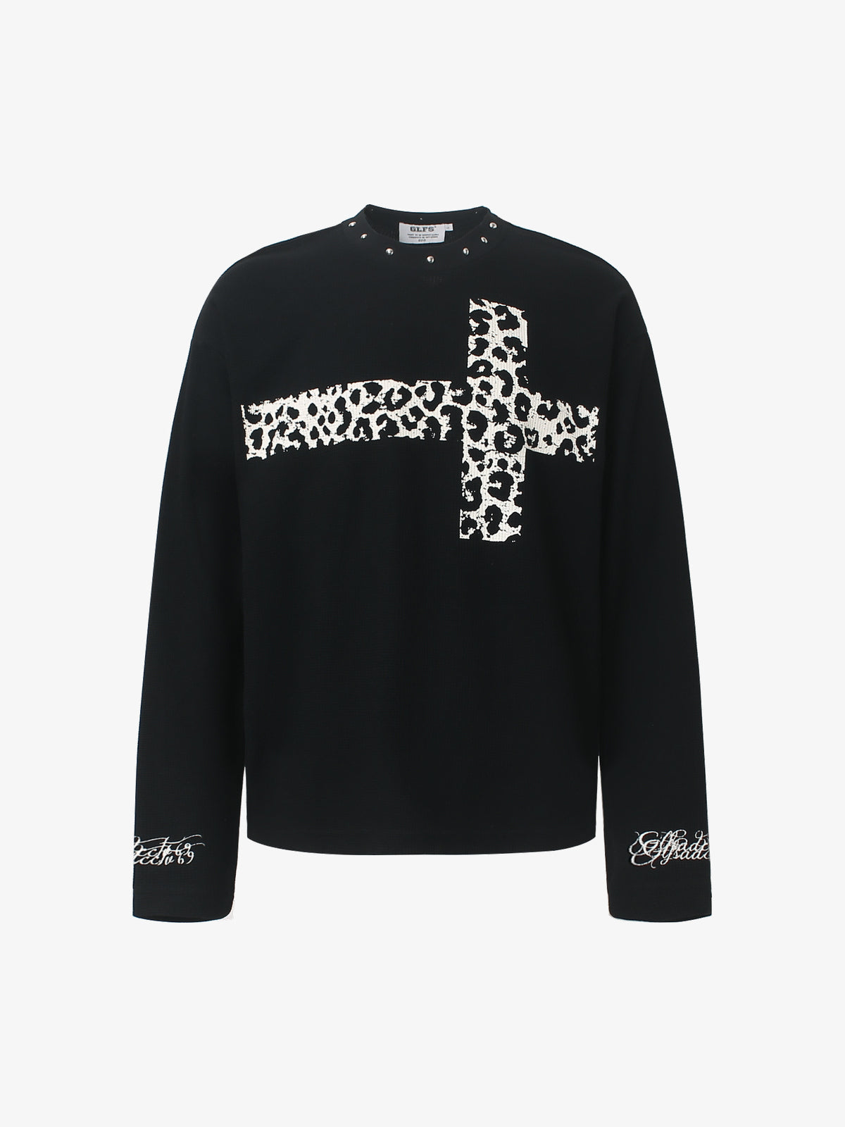 GLFS | Studded Leopard Cross Sweatshirt in Black - front view