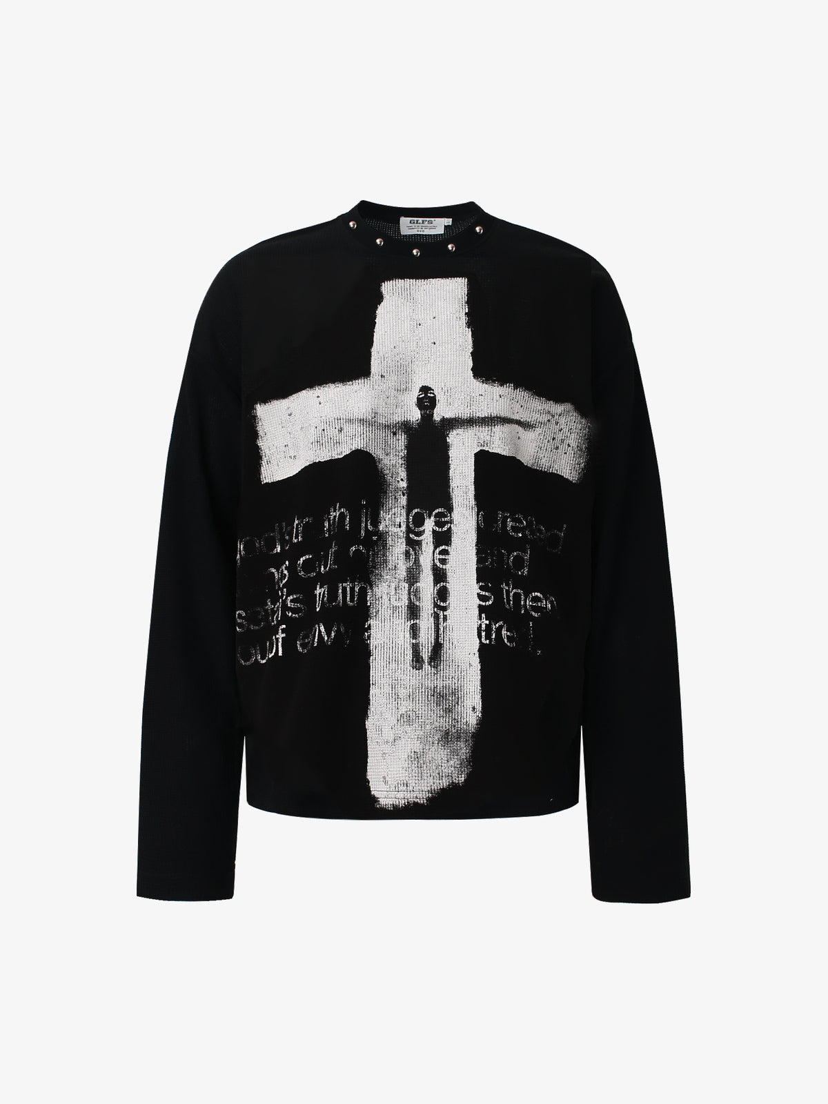 GLFS | Studded Distressed Cross Sweatshirt in Black - front view