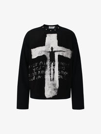 GLFS | Studded Distressed Cross Sweatshirt in Black - front view