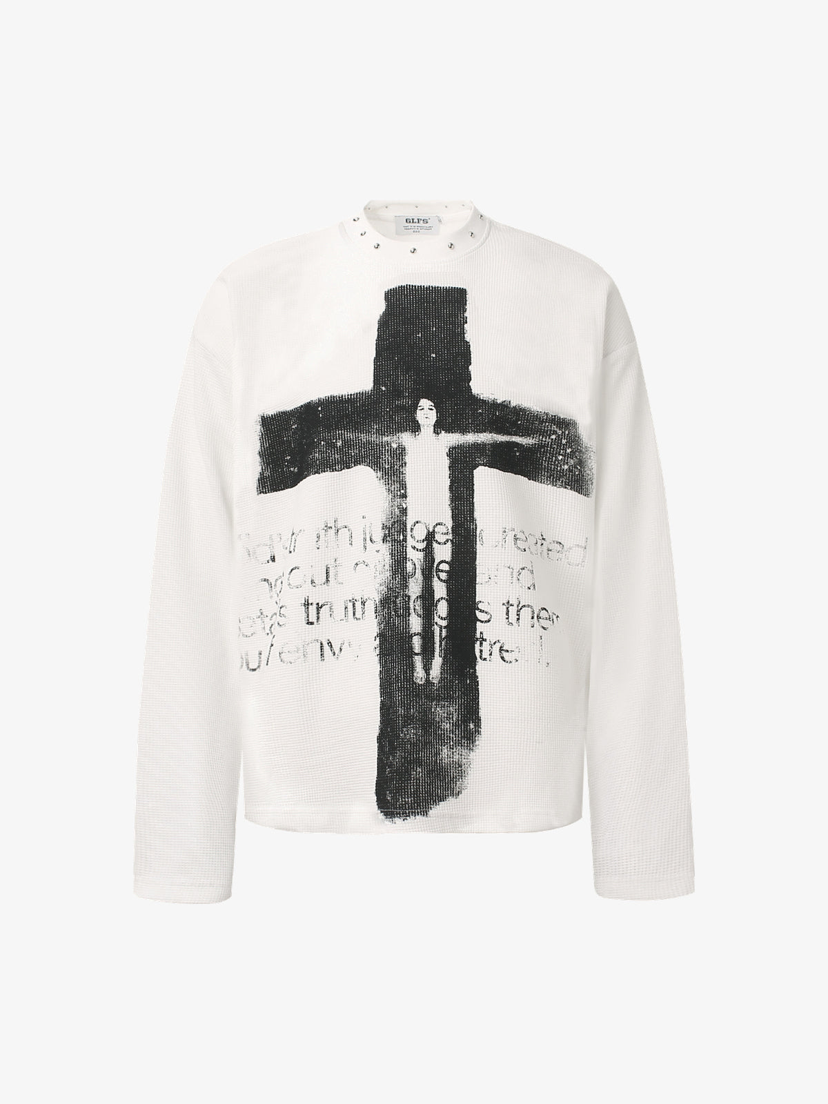 GLFS | Studded Distressed Cross Sweatshirt in White - front view