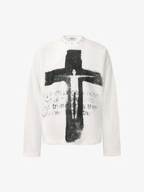 GLFS | Studded Distressed Cross Sweatshirt in White - front view