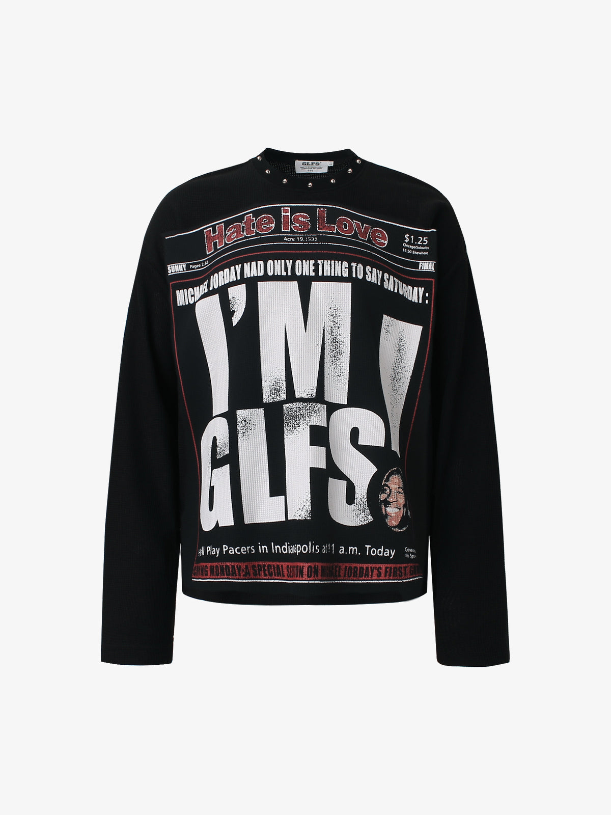 GLFS | Studded Newspaper Print Sweatshirt in Black - front view