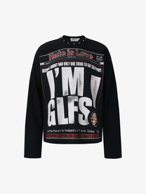 GLFS | Studded Newspaper Print Sweatshirt in Black - front view