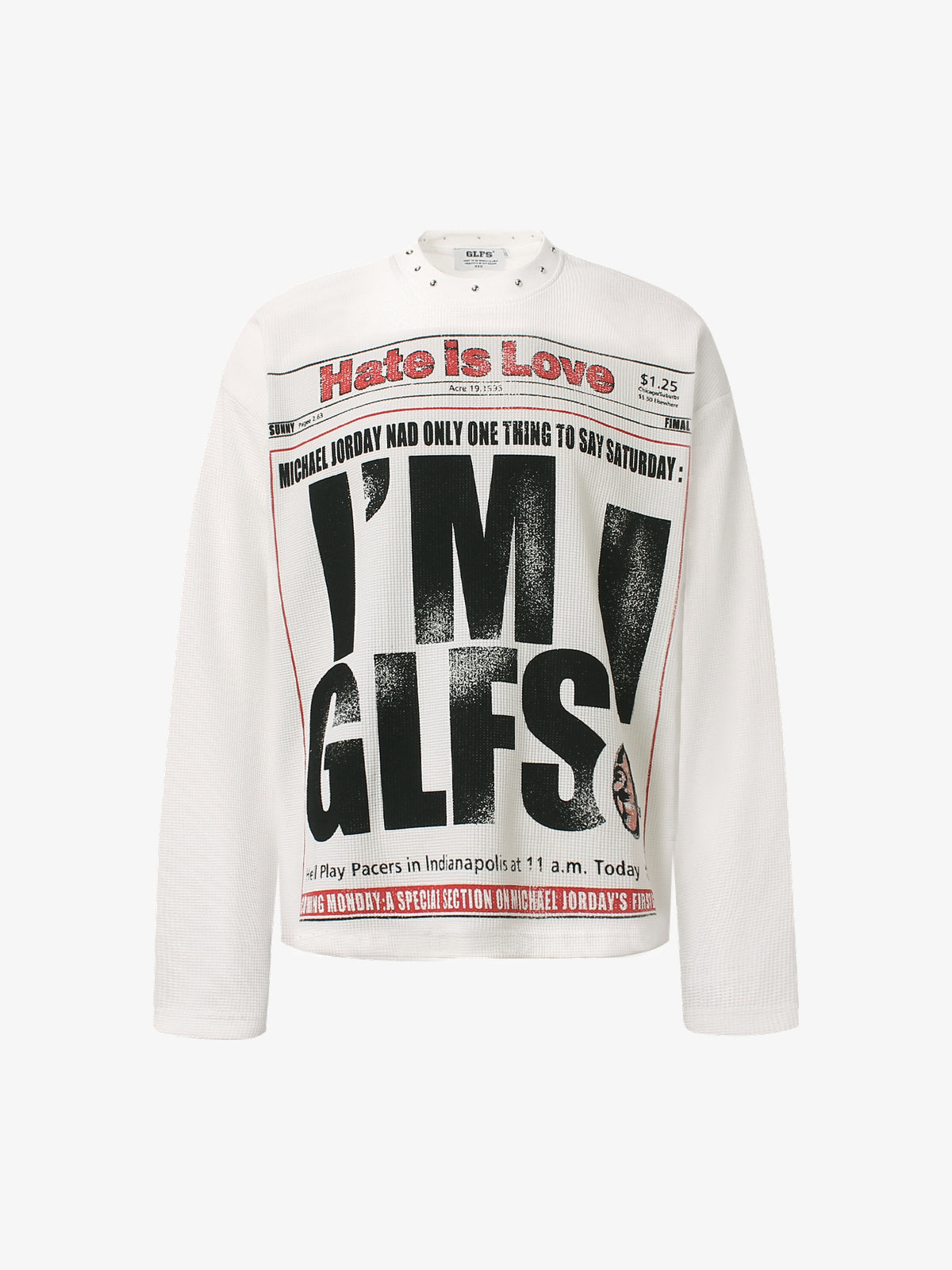 GLFS | Studded Newspaper Print Sweatshirt in White - front view