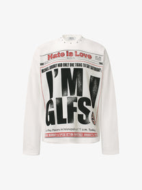 GLFS | Studded Newspaper Print Sweatshirt in White - front view