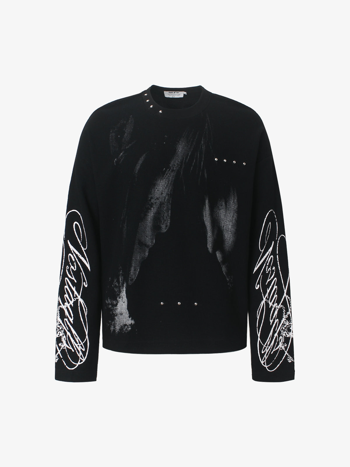 GLFS | Studded Shadow Figure Waffle Sweatshirt in Black - front view