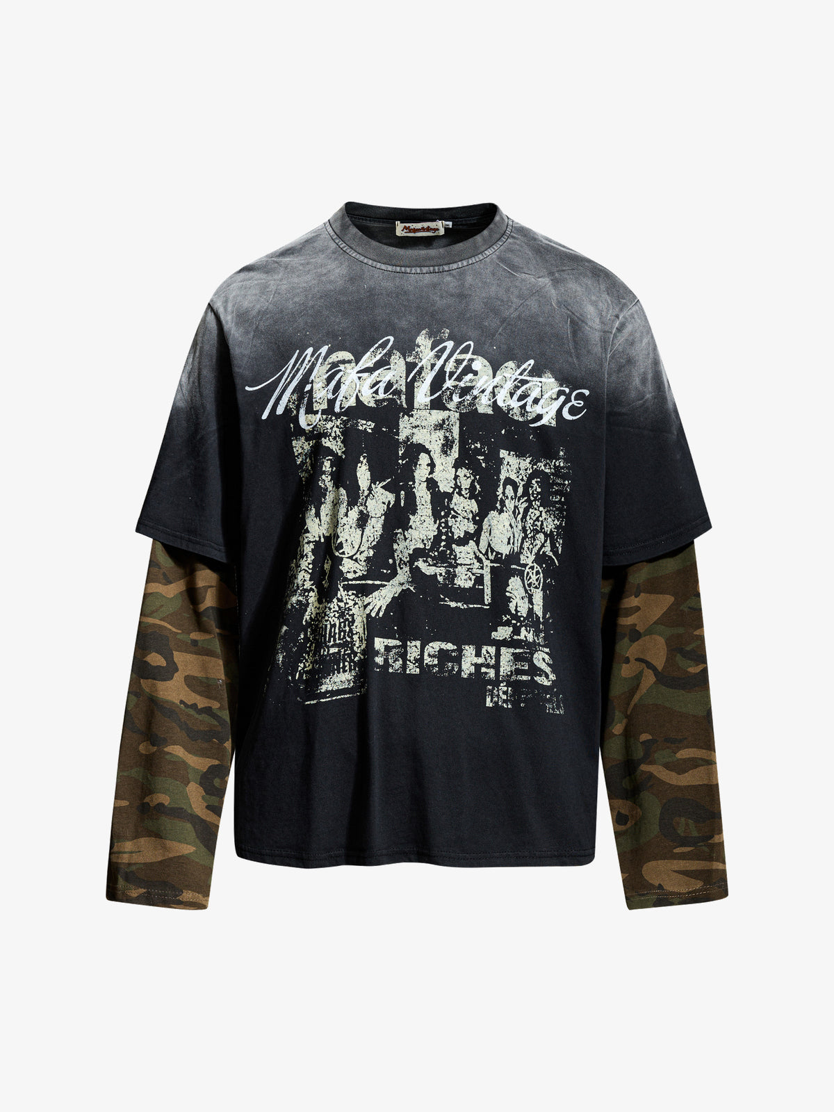 INSERROR MAFA | Distressed Figure Layered Sleeve Sweatshirt in Black - front view