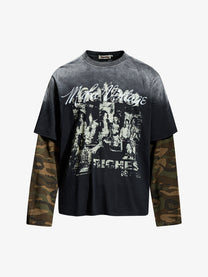 INSERROR MAFA | Distressed Figure Layered Sleeve Sweatshirt in Black - front view