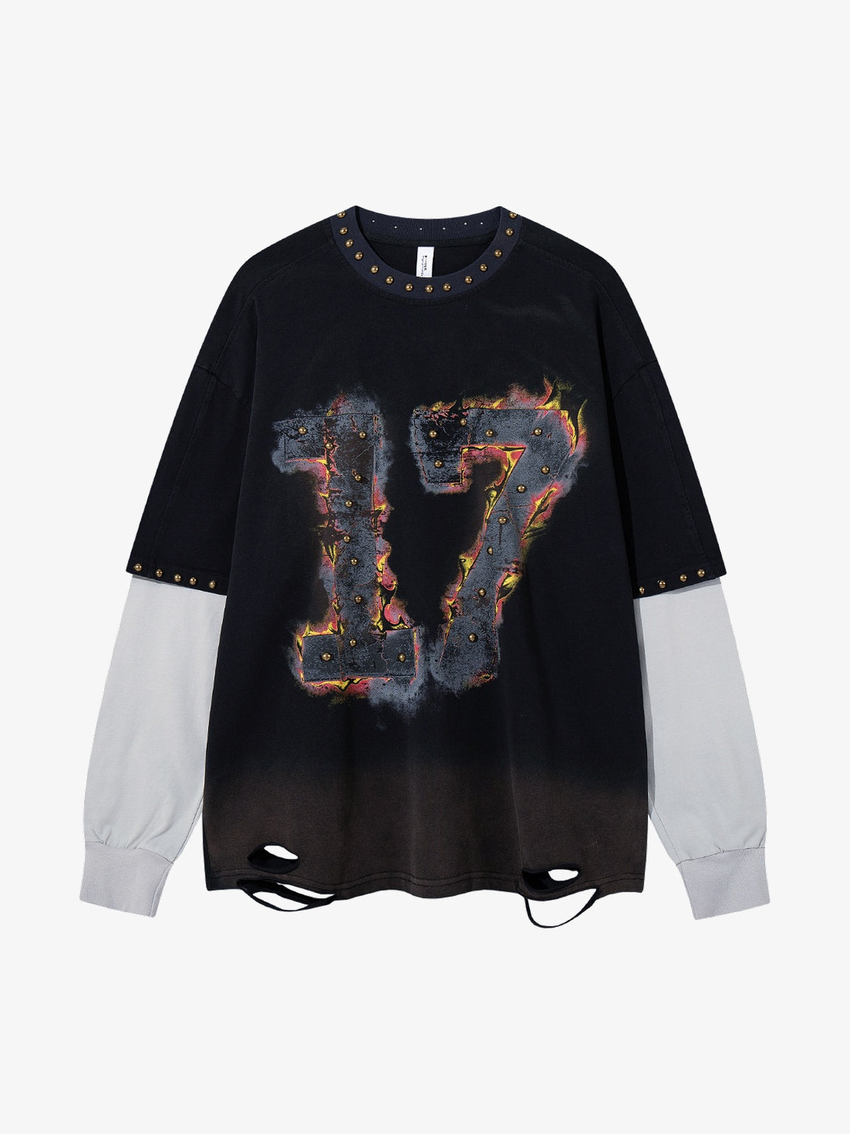 MFOUR | Studded Number 17 Layered Sweatshirt in Black - front view