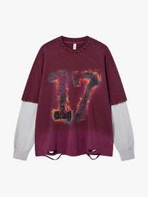 MFOUR | Studded Number 17 Layered Sweatshirt in Red - front view