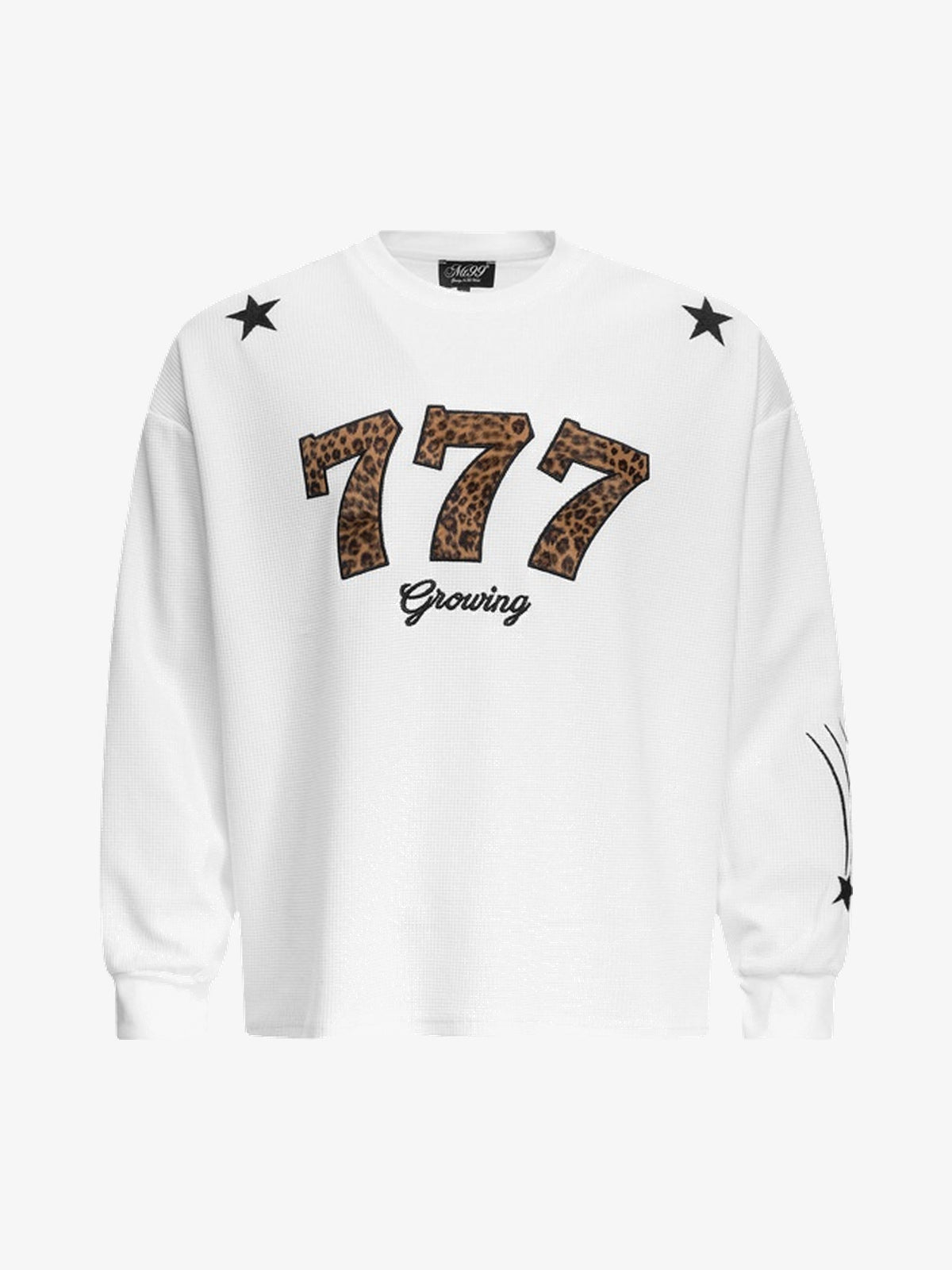 MT99 | Embroidered Leopard 777 Sweatshirt in White - front view