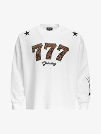 MT99 | Embroidered Leopard 777 Sweatshirt in White - front view