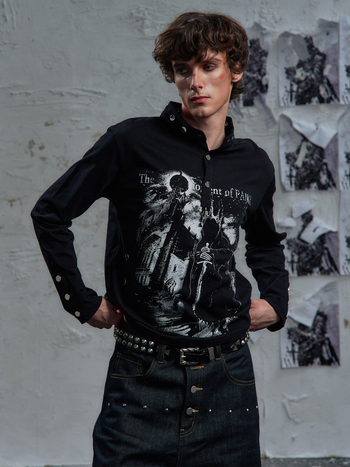 PAIKI | Studded Figure Stand Collar Sweatshirt - product detail