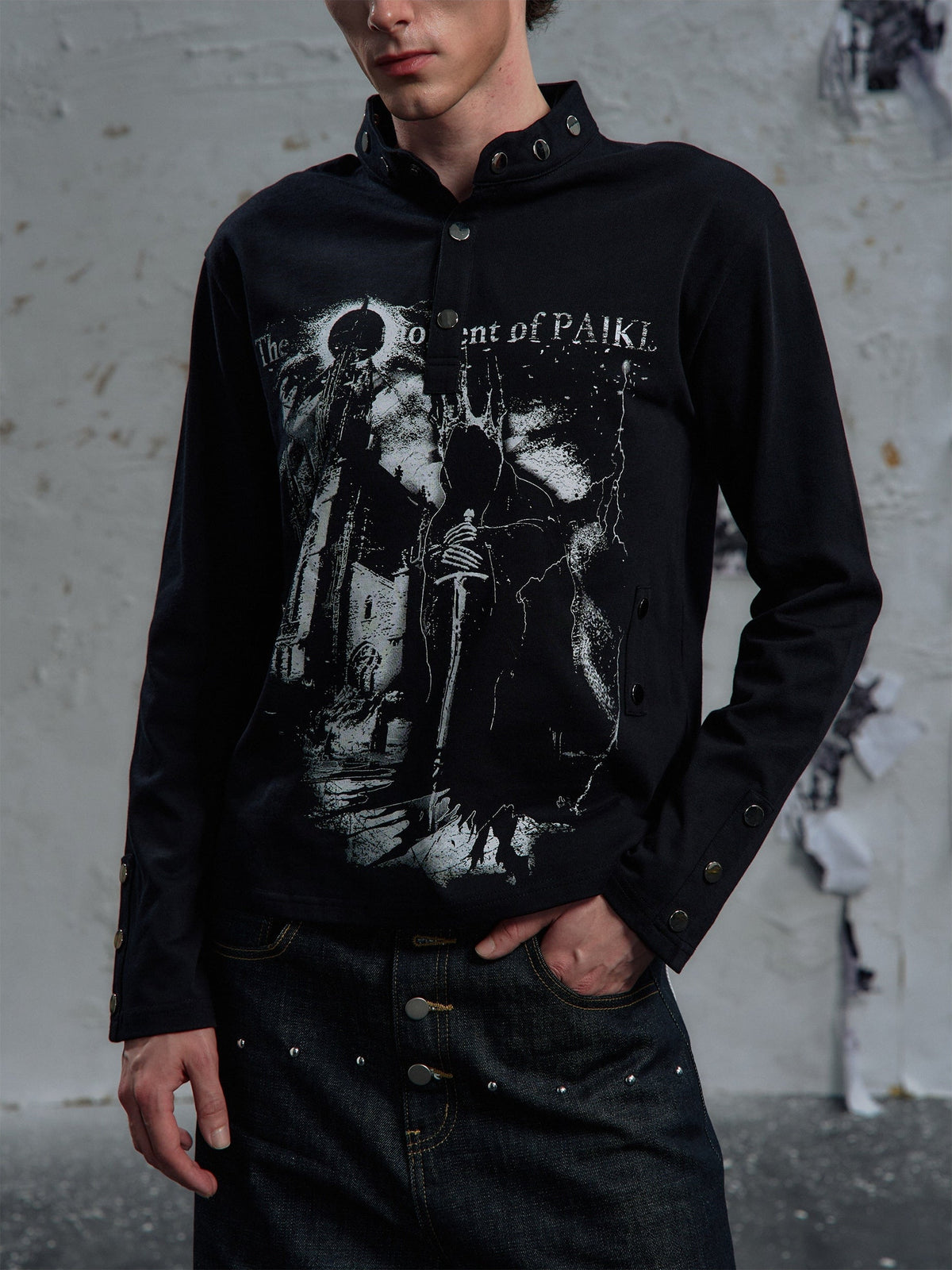 PAIKI | Studded Figure Stand Collar Sweatshirt - product detail