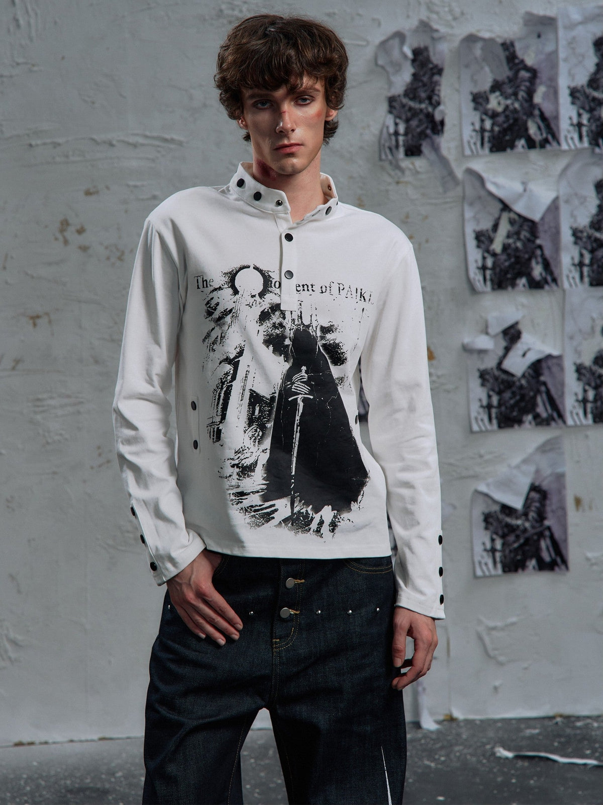PAIKI | Studded Figure Stand Collar Sweatshirt - product detail