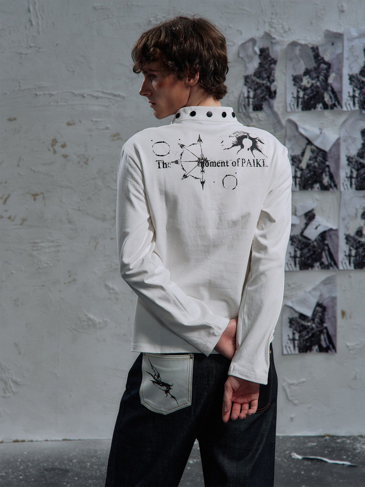 PAIKI | Studded Figure Stand Collar Sweatshirt - product detail