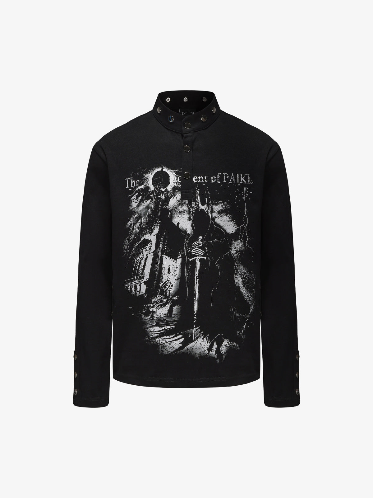PAIKI | Studded Figure Stand Collar Sweatshirt in Black - front view