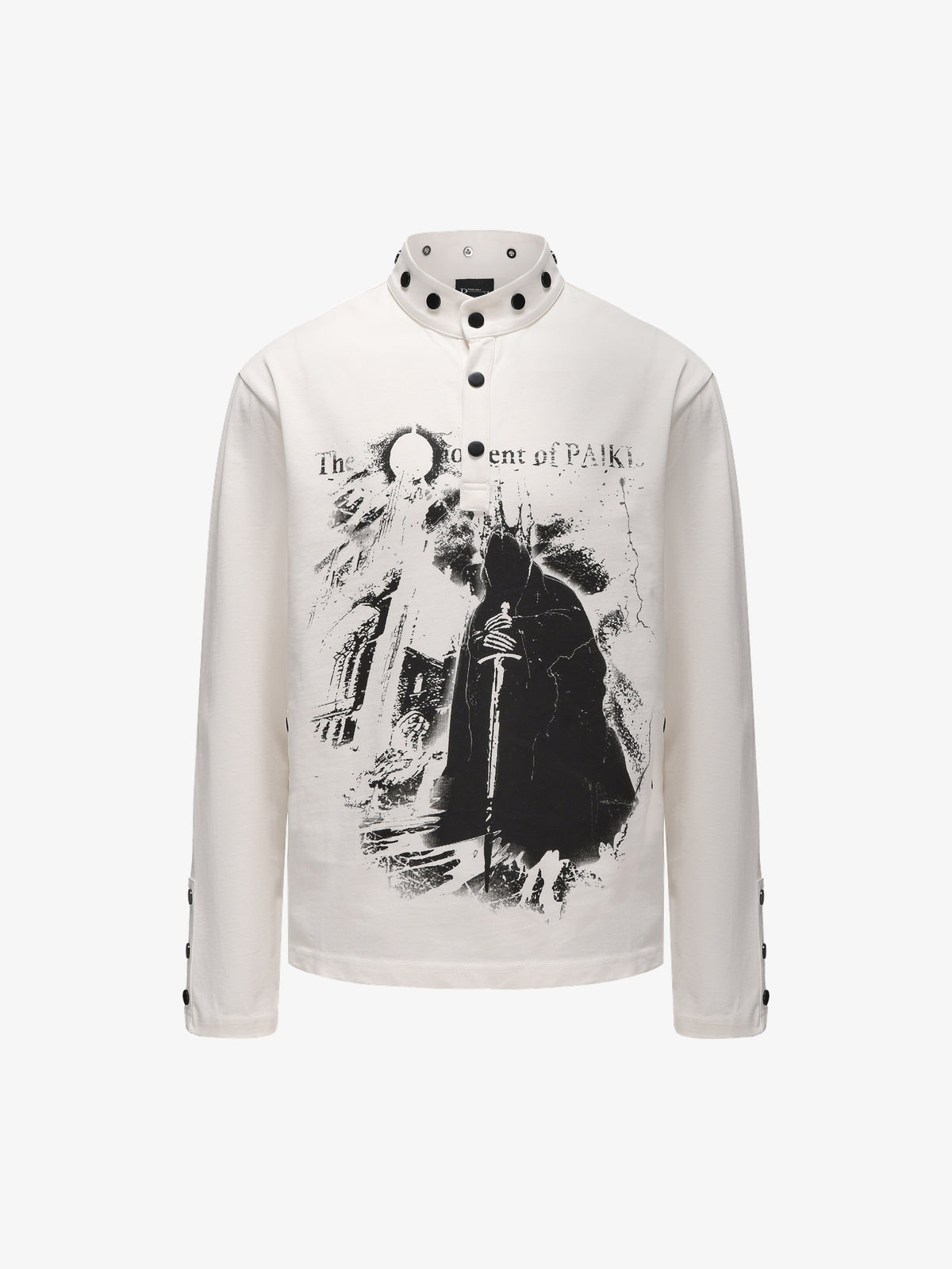 PAIKI | Studded Figure Stand Collar Sweatshirt in White - front view