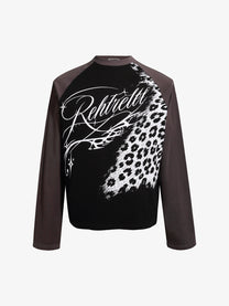 REFUSION | Leopard Script Panel Sweatshirt in Black - front view