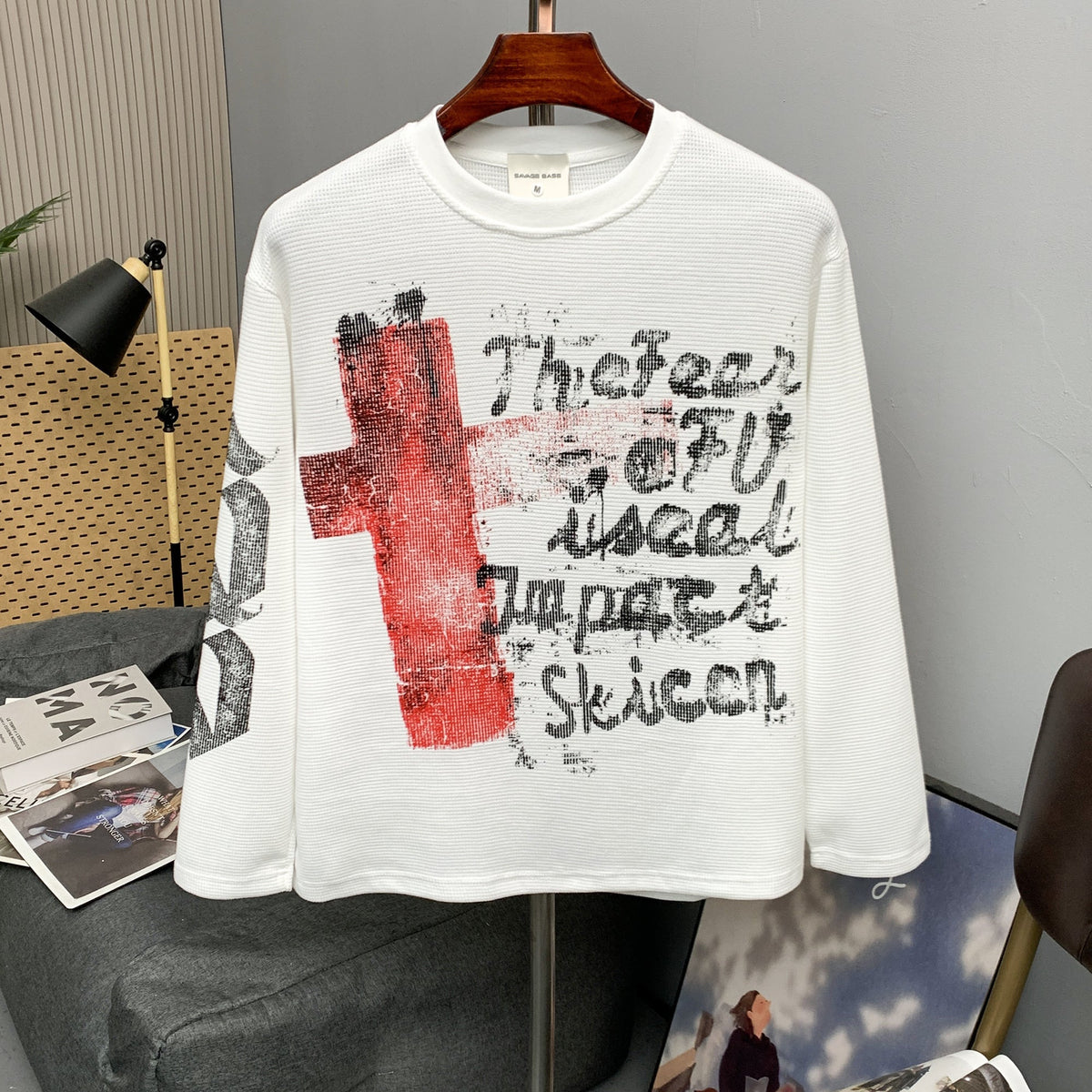 SAVAGE BASE | Red Block Letter Waffle Sweatshirt - product detail