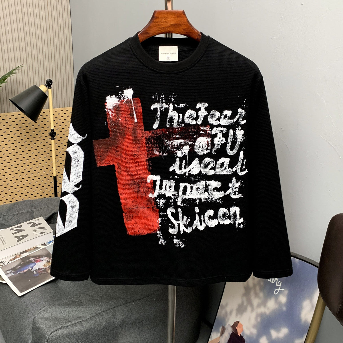 SAVAGE BASE | Red Block Letter Waffle Sweatshirt - product detail