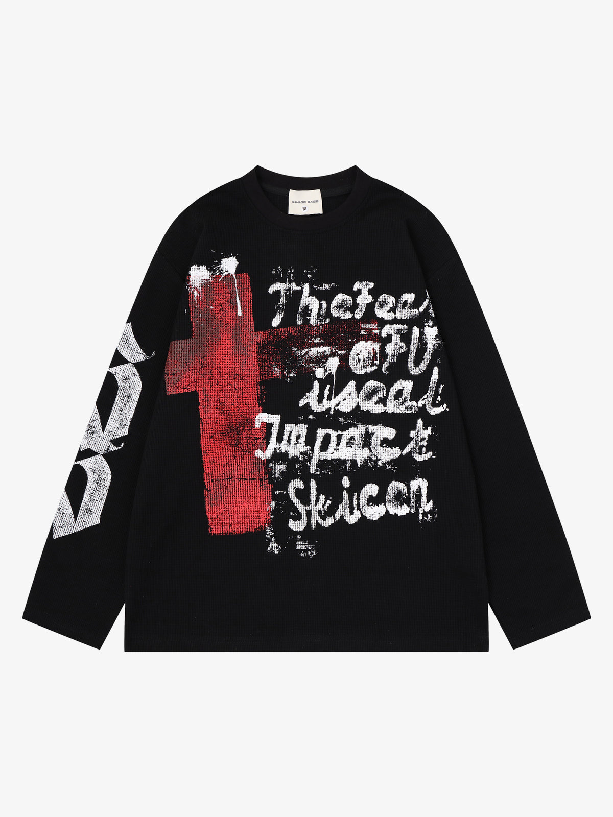 SAVAGE BASE | Red Block Letter Waffle Sweatshirt in Black - front view
