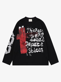 SAVAGE BASE | Red Block Letter Waffle Sweatshirt in Black - front view