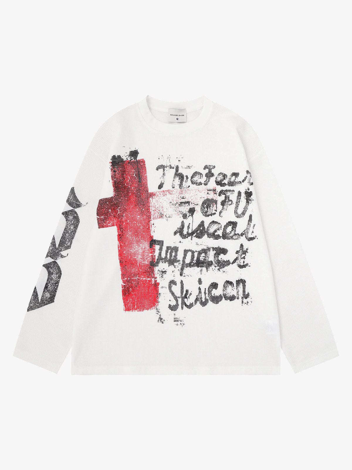 SAVAGE BASE | Red Block Letter Waffle Sweatshirt in White - front view